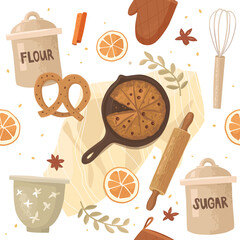 Vector hand-drawn seamless pattern. Food preparation, Christmas baking. Chocolate cake in a vintage frying pan, pretzel rolling pin, flour, and sugar. Whisk, bowl, oven mitt. Cozy home atmosphere.