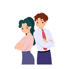 Male and female employee standing back to back looking confident in office attire. Business clip art. Flat vector isolated in white background.