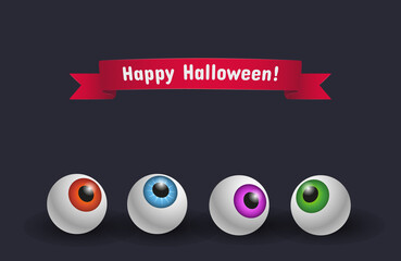 Happy Halloween! Vector postcard with different scary 3d eyeballs and text on red ribbon