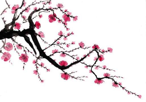 Japanese style blooming tree branch painting