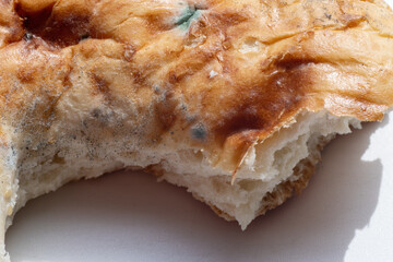 Closeup of a piece of spoiled bread with mold on a white background, copy space. The concept of spoiled food