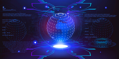 Futuristic cyber background with a glowing ball. Holographic 3D shiny ball with dots or segments. User interface with HUD, GUI, UI elements. Vector background