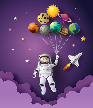 Paper Art Style Of A Little Boy In A Space Suit Holding Planet Balloons, Space Background, Flat-style Vector Illustration.