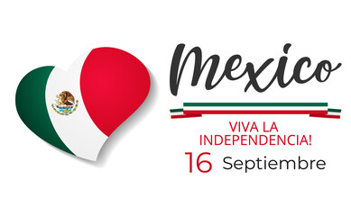 Vector Mexico Independence Day 16 September Celebration Card on white background. Translation of the inscription: 16 th of September. Happy Independence day Viva Mexico