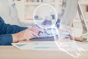 Start up drawings with businessman working on computer on background. Teamwork concept. Double exposure.