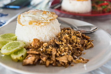 Close up fried egg and pork basil.