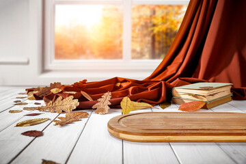 Desk of free space and window background 