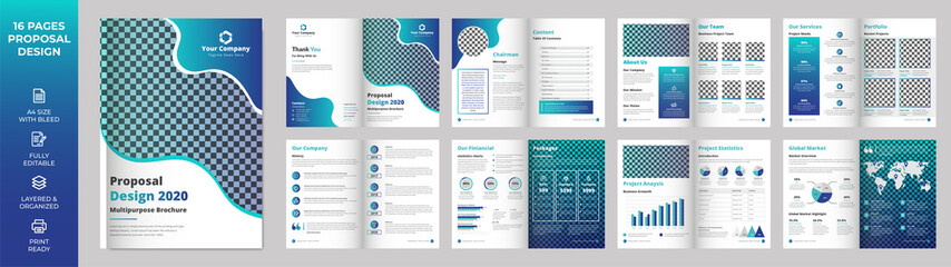 16 page Multipurpose Brochure template, simple style and modern layout, Elements of infographics for Business Proposal, presentations, Annual report, Company Profile, Corporate report, advertising - obrazy, fototapety, plakaty