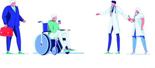 doctors looking at the patient who is on a wheelchair. 