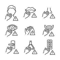 Avoid touching surfaces with face, mouth, nose, eyes, hand, mask, door knob, bus handle and lift panel button icons set. COVID-19 prevention. Line vector. Isolate on white background. EPS 10