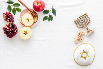 Jewish holiday background - food for Rosh Hashanah. Above view