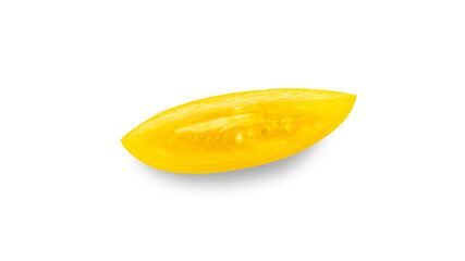 Yellow tomato elongated shape on a white background. Tomato variety Golden lemon or Akmore Treasure. High quality photo