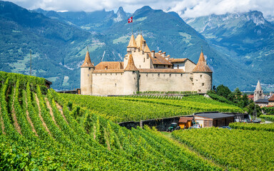 Scenic view of Aigle castle in middle of green vineyards and mountains in background during...