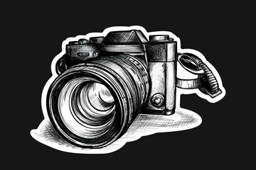 Retro camera vector image, sketch with hatching realistic model of a modern system camera. Black and white illustration sticker for posters, banners, postcards and logo of the photographer eps