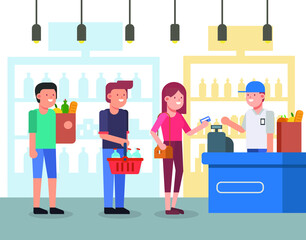 People waiting for their turn in a line after doing groceries from a supermarket. 