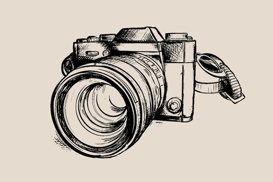 retro camera in modern style, sketch illustration hand drawing engraving, doodle lines, vector image system camera