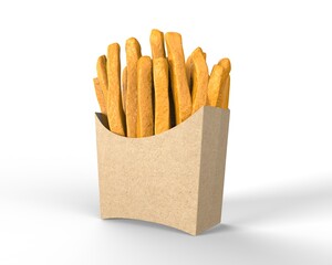 Blank Disposable French Fries Paper Box Pack For Mockup and Branding presentation, 3d render illustration.