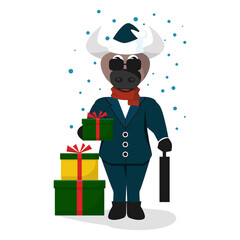 Funny cute bull businessman gives gifts under the snow. The bull is the symbol of the year. It can be used as an poster, banner, postcard, greeting the New Year, Christmas. Vector illustration.
