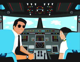 Airplane Pilot in Cockpit with Co-pilot. 