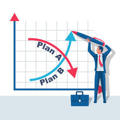 Plan A and plan B on financial chart. Graph on blackboard. Businessman passes to second option. Vector illustration flat design. Up and down arrow as symbol of success solution and failure. © hvostik16