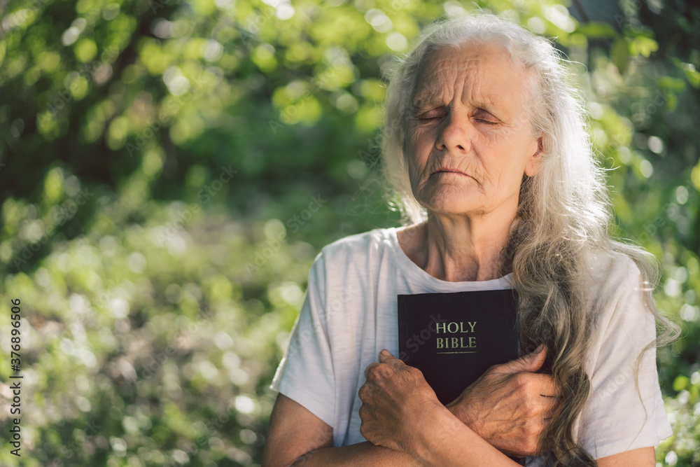 Wall mural Gray-haired grandmother holds bible in her hands. Reading the Holy Bible in a nature. Concept for faith, spirituality and religion