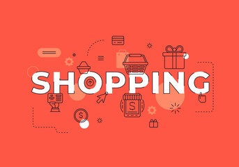 Shopping text concept modern flat style vector illustration red banner with outline icons