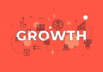 Growth text concept modern flat style vector illustration red banner with outline icons