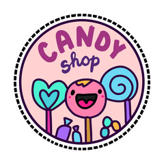 Candy shop hand drawn vector illustration in cartoon doodle style