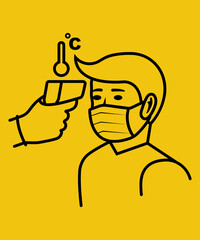 Landing page body temperature check. Black line icon face in medical mask. Doctor hold non-contact thermometer in hand. Silhouette coronavirus prevention. Epidemic covid-19. Vector flat design.