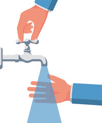 Hand washing under the tap with water. Vector illustration flat design isolated on background. Personal hygiene. Disinfection, antibacterial washing. Water tap, jet stream and hands.