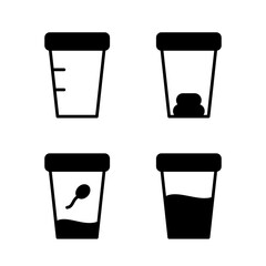 Silhouette icon of laboratory analyzes of semen, feces, urine, empty jar. Set of medical test containers. Black pictogram of sampling biomaterial. Flat isolated vector, white background
