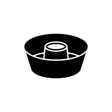 Silhouette Of Angel Food Cake Pan. Outline Icon Of Round Baking Dish For Airy Sponge Cake. Black Illustration Of Mold For Cooking Dessert. Kitchenware Symbol. Flat Isolated Vector, White Background