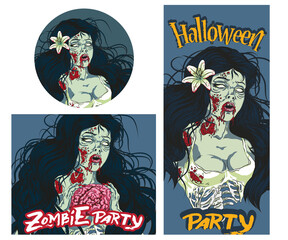 zombie night poster template in double exposure style ideal for media of event or party zombie, zombie pinup girl holding skull vector illustration of a sexy zombie pinup girl
