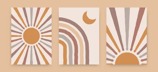 Gordijnen Abstract sun rainbow posters. Boho contemporary backgrounds, beige covers trendy mid century style. Geometric vector wall decor © Yelyzaveta