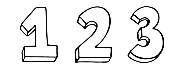 Set of Numbers 1 2 3. Sign number, Concept top winner success. Hand drown vector doodle one two three isolated on white background. Black contour lettering. 1-2-3 badges set