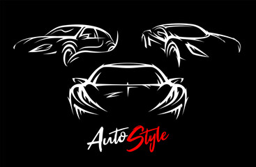 Concept sports car silhouettes vector set. Performance motor vehicle illustrations. Supercars sign. Auto style dealer transport graphic.