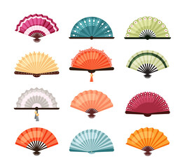 Asian fans set. Traditional oriental decoration colorful designs red orange Japanese accessories and blue green Chinese elegant folding bamboo object richly decorated. Cartoon color vector.