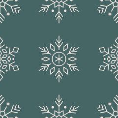 Christmas, new year seamless pattern, snowflakes line illustration on green background. Vector icons of winter holidays, cold season snow flakes, snowfall.