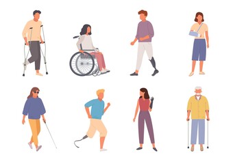 Fototapeta na wymiar People with disabilities set. Man on crutches with injured leg girl modern wheelchair male characters run leg prostheses blind woman with glasses walks stick. Healthcare cartoon vector.
