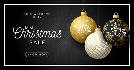 Luxury Christmas sale horizontal banner. Christmas card with ornate black, gold and white realistic balls hang on a thread on black modern background. Vector illustration. Place for your text