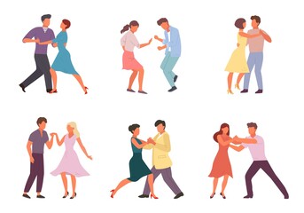 People dancing in pairs set. Stylish male and female characters perform incendiary tango guy girl in rhythm of salsa woman with man circle of passionate cuban rumba. Cartoon vector art. - obrazy, fototapety, plakaty