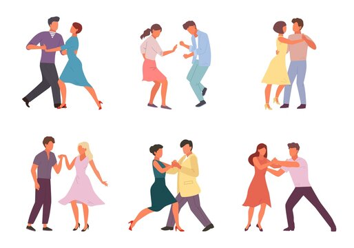 People Dancing In Pairs Set. Stylish Male And Female Characters Perform Incendiary Tango Guy Girl In Rhythm Of Salsa Woman With Man Circle Of Passionate Cuban Rumba. Cartoon Vector Art.