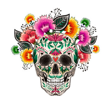 Skull drawing Mexican holiday Day of the dead, Dia de Los Muertos, Halloween.Skull and wreath of flowers,  colorful decorative image.Invitation card, printed t-shirt, postcard, tattoo.Digital art.