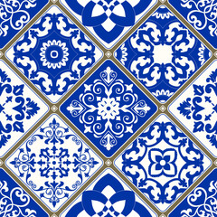 Vintage seamless pattern in Portugal style. Azulejo. Seamless patchwork tile in blue and white colors. Endless pattern can be used for ceramic tile, wallpaper, linoleum, textile, web page background
