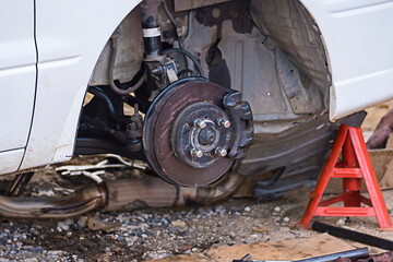 Closeup disc brake of the vehicle for repair.