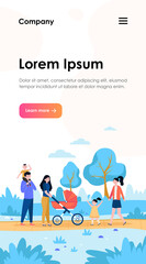 Happy family with kids walking in city park. Parents couple wheeling pram with baby outdoors. Flat vector illustration for weekend, leisure, recreation, lifestyle concepts