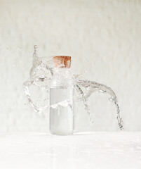 Water splash in the glass cup on the white table, brick wall background.