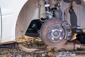Closeup disc brake of the vehicle for repair.