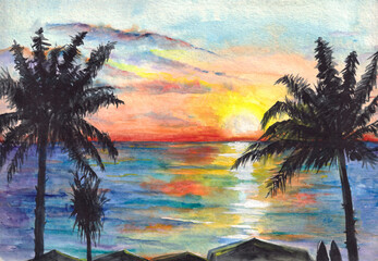 Sunset on the beach. The nature of the tropics - the silhouettes of palms. Rest and sea voyage.  Watercolor hand drawing.