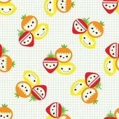 Foto op Aluminium Cute kawaii fruit seamless vector pattern background. Happy laughing groups of cartoon strawberries, oranges lemons on gingham backdrop. Fun illustration for kids healthy food concept. All over print. © Gaianami  Design